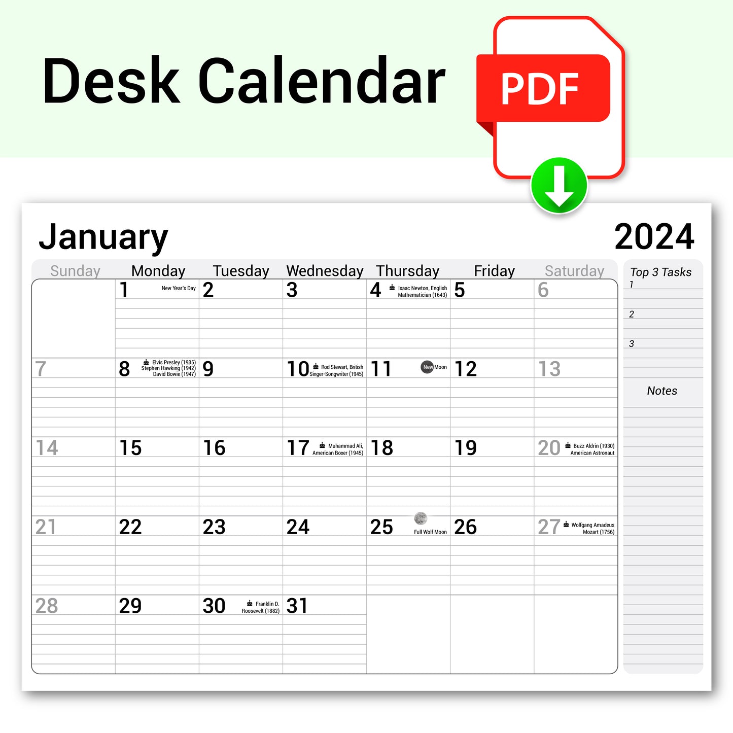 2024 Desk Calendar Productivity and Monthly Planner